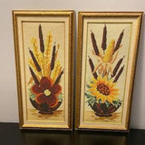 Finished Crewel Wall Hangings - Cattails and Sunflower - Pair