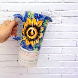 Sunflower water pitcher, italian pottery, ceramic hand painted pitcher, handmade in Italy, blue and yellow jug, pottery floral jug, beverage