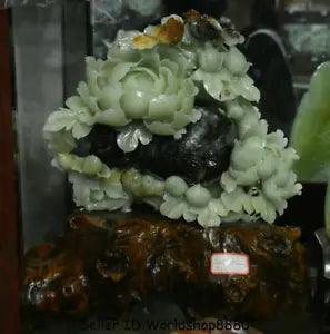 16.4" Good Natural Xiu Jade Jadeite Carved Sushrubby Peony Flower Birds Statue