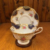 Royal Albert Empress Series, Isabella Teacup and Saucer, Wide Mouth Cobalt Blue and Gold Pink Rose Bouquets