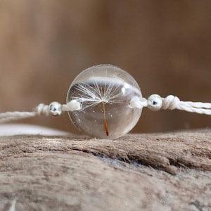 dainty flower bracelet with real dandelion seed in eco epoxy resin and white macrame string, size adjustable
