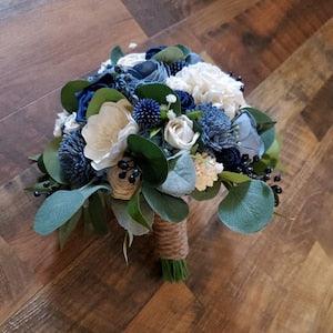 Navy Dusty Blue Bridal Bouquet, Blue Thistle Ball Bridal Bouquet, Blue Sola Wood Bridal Bouquet, Navy Light Blue Wedding Eucalyptus Bouquet