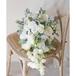 White Cascading Wedding Bouquet, White Bridal Bouquet, Rustic Wedding Flower, Made with Rose, Anemones and Peonies