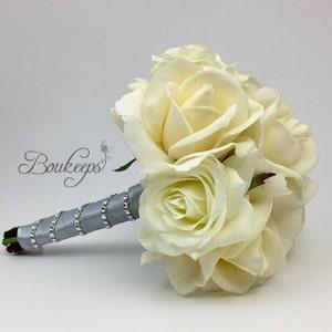 CHOOSE RIBBON COLOR - Ivory Rose Bouquet, Ivory Cream Bridesmaid Bouquet, Real Touch Bouquet, Bridesmaid, Toss, Wedding Bouquet, Bling