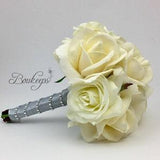 CHOOSE RIBBON COLOR - Ivory Rose Bouquet, Ivory Cream Bridesmaid Bouquet, Real Touch Bouquet, Bridesmaid, Toss, Wedding Bouquet, Bling