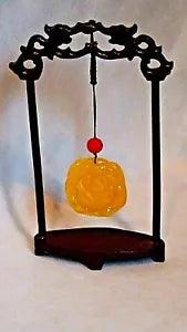 EARLY 20c CHINESE CARVED CITRON COLORED BEESWAX PEONY FLOWER ON STAND