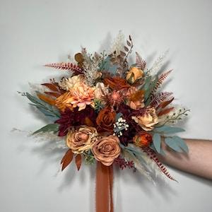 Wedding Bouquet Terracotta Rust Burgundy Burnt Orange Bouquet Bridal Fall Eucalyptus Baby Breath Rose Pampas Grass Artificial Flower Dried