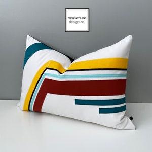 Retro Outdoor Pillow, Decorative Mod Sunbrella Pillow, Modern Abstract Pillow, Terracotta, Sunflower Yellow, Teal Pillow, 14"x20" Mazizmuse