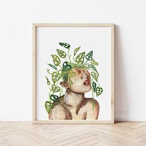 Monstera Adansonii Woman Watercolor Painting | Plant Art | 11x14 8x10 5x7