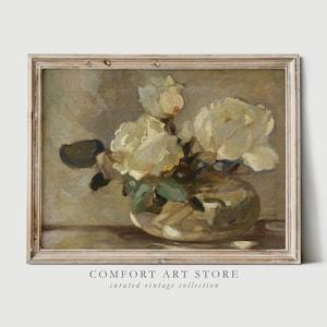 Vintage Roses Print Bouquet Wall Art Botanical Oil Painting Antique Printable Muted Rustic Flower in Vase Nature Poster Farmhouse Decor