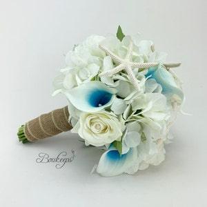Choose Calla Lily & Ribbon Color - Hydrangea, Calla Lily, Rose and Starfish Bridal Bouquet, Aqua, White, Ivory Bouquet, Real Touch, Wedding