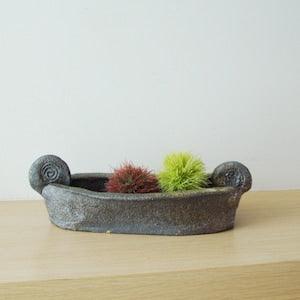 Black-grey oval planter, ceramic planter of black stoneware clay, handbuilt, boat shaped planter pot for succulents and small cactuses