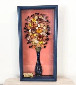 Vintage Real Dried Flowers In Vase Framed Shadow Box Mid Century 3D Wall Art 70s