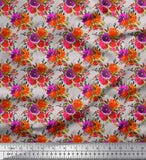 Soimoi Gray Velvet Fabric Peony & Anemone Floral Printed Fabric-nuH