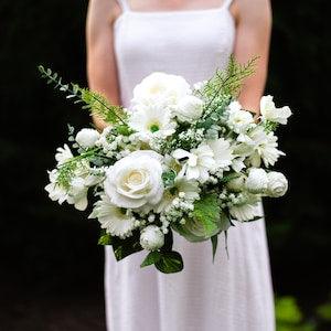 White Daisy, Rose, and Fern Silk Flower Wedding Bouquet, Bridal Bouquet, Bridesmaid Bouquet, Boutonniere, and Corsage