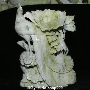12.2" Natural Lantian Jade Fengshui Phoenix Fenghuang Bird Peony Flower Statue