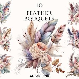 Watercolor flower feather bouquet clipart, Roses and flowers boho clipart, Wedding bouquet, Card making, Scrapbooking, Junk Journal