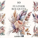 Watercolor flower feather bouquet clipart, Roses and flowers boho clipart, Wedding bouquet, Card making, Scrapbooking, Junk Journal
