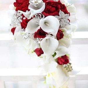 Lavish Faux Cascading Bridal Wedding Calla Lilies, Roses, Brooches, Pearls, Spring Bouquet- New worldwide