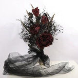 Black burgundy wedding bouquet with long black veil, wedding bouquet with lunaria stems, burgundy peonies