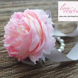 Wrist Corsage- Pink Peonies with gray ribbons on pearl bracelet