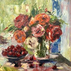 Roses Painting Cherry Original Art Flowers Artwork 16 x 16" Impasto Oil Painting Still Life Wall Art by Alexandra Jagoda