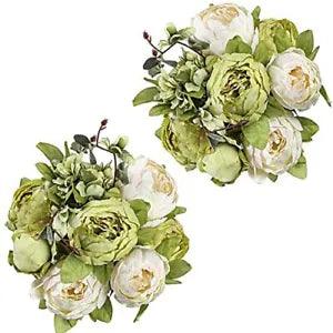 2 Pack Artificial Peony Fake Flowers Silk Peonies Flowers Vintage New Green