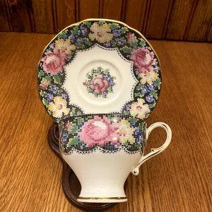 Paragon Gingham Rose, Floral Needlepoint Teacup and Saucer, Double Gold Warrant