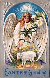 Easter Postcard Shining Star Over Angel Carrying Easter Lily Flowers Lamb