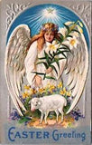 Easter Postcard Shining Star Over Angel Carrying Easter Lily Flowers Lamb