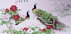 STUNNING ORIENTAL ASIAN ART CHINESE WATERCOLOR PAINTING-Peacock&Peony flowers