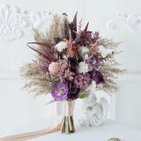Pure Purple Silk Roses, Wedding bouquet Boho wedding bouquet,Rustic wedding flowers,Pampas Grass bouquet, Bridal bouquet