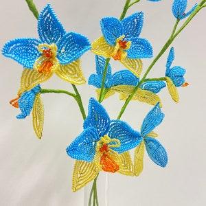 Blue and yellow Orchid French beaded flower Ukraine shops Set of 3 Orchid stems