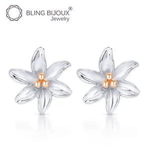 Real 925 Sterling Silver w/14K Rose Gold Plating Tiger Lily Flower Stud Earrings