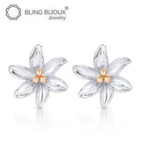 Real 925 Sterling Silver w/14K Rose Gold Plating Tiger Lily Flower Stud Earrings