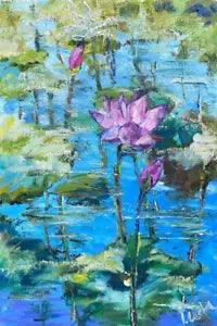 Impasto Botanical Floral Water Lilies Lotus Flower Oil Painting on Board 18x12in