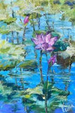 Impasto Botanical Floral Water Lilies Lotus Flower Oil Painting on Board 18x12in