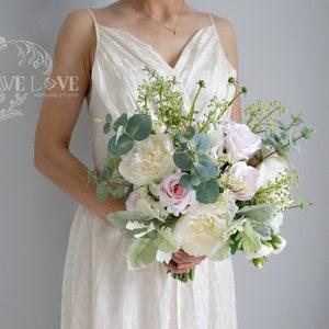 Boho Pink/ White Peonies and Roses Wedding Bouquet, Fairy Bridal Shower Bouquet, Photoshoot Accessories, Home decor