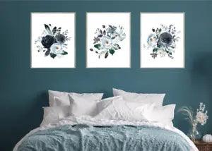 Set Of 3 Blue Watercolor Peony Floral Flowers Bouquet Wall Art Home Decor