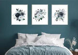 Set Of 3 Blue Watercolor Peony Floral Flowers Bouquet Wall Art Home Decor