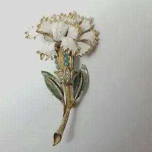 Vintage Coro Carnation Brooch, White Enamel Petals, Rhinestone, Signed Estate