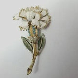 Vintage Coro Carnation Brooch, White Enamel Petals, Rhinestone, Signed Estate