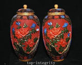 11" Qianlong Dynasty Wood lacquerware Fengshui Peony Flower Crock Pot Jar Pair