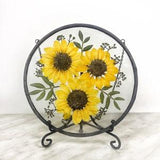 Pressed flower art - pressed sunflowers arrangement in stained glass frame