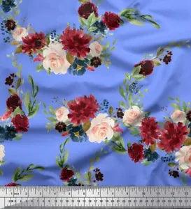 Soimoi Blue Cotton Poplin Fabric Ranunculus & Penoy Floral Print-ijz