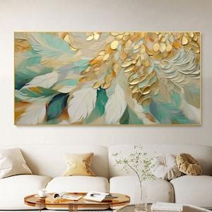 Large Abstract Gold Leaves Oil Painting on Canvas, Original Plants Painting, Custom Feather Art, Living room Wall Decor, Textured Wall Art