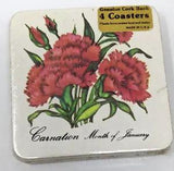 Vtg New Sealed Cork Coaster Set Carnation Flower January USA Bright Crest Ltd