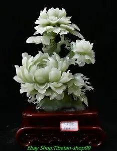 15'' Chinese Natural Xiu Green Jade Carve Fengshui Peony Flower Statue Sculpture