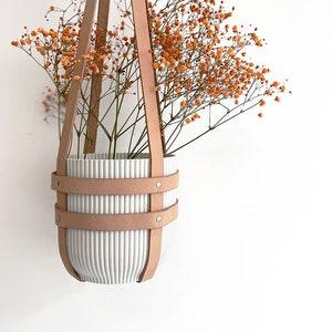 Hanging plant holder, ceiling planter, leather geometric plant hanger, natural vegetable tanned leather including white plastic pot