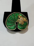 Vintage Figural Rhinestone Frog on Green Enabled Lily Pad Brooch Pin Golden